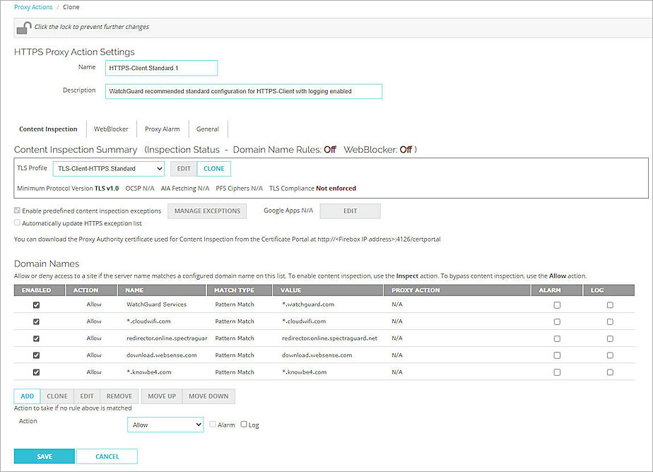 Screenshot of Firebox, HTTPS Proxy Action Pag